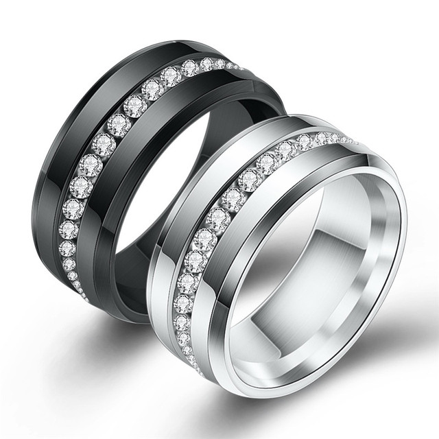 ZORCVENS Pierścień z tytanowej stali nierdzewnej, kolor czarny i srebrny, ozdobiony białym kamieniem CZ - biżuteria dla kobiet - Wianko - 1