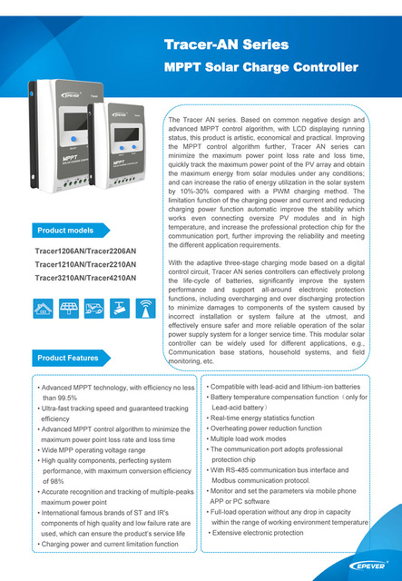 Regulator ładowania słonecznego EPEVER Tracer MPPT z wyświetlaczem LCD 10A-40A 12V-24V, automatyczne działanie - Wianko - 1