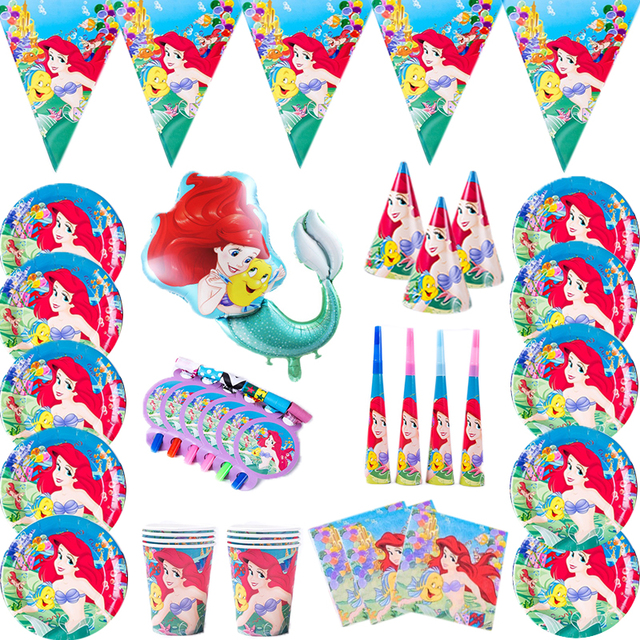 Zestaw dekoracji urodzinowych Mała Syrenka Ariel dla dziewczynki: talerze, kubki, słomki - Wianko - 1