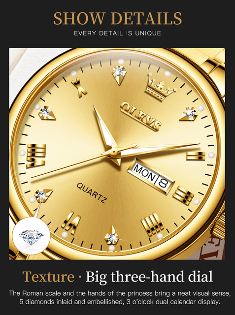 Męski zegarek luksusowej marki, złoty, klasyczny, biznesowy, wodoodporny, kwarcowy, ze stali nierdzewnej, dla mężczyzn - Reloj Hombre - Wianko - 3