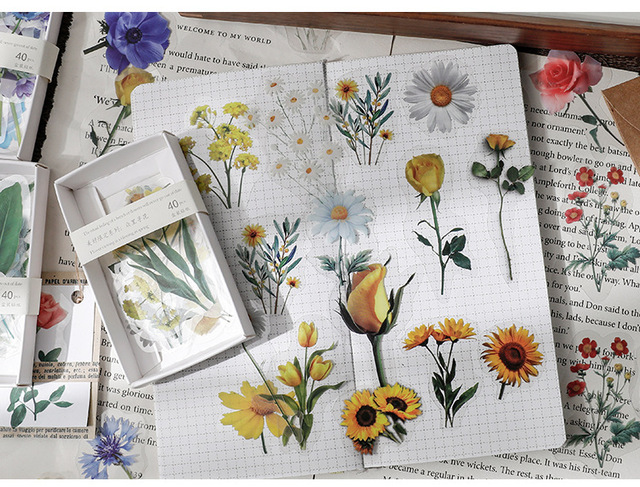 Zestaw 40 sztuk przezroczystych naklejek z motywem prostych kwiatów i liści PET do dekoracji - Wianko - 9