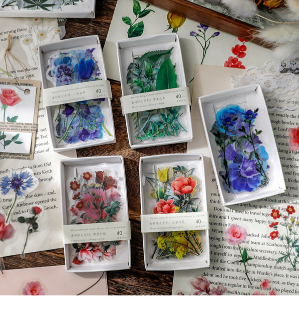 Zestaw 40 sztuk przezroczystych naklejek z motywem prostych kwiatów i liści PET do dekoracji - Wianko - 1