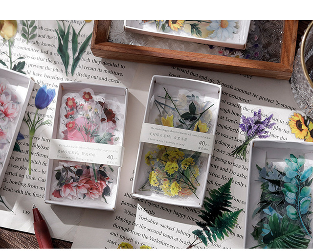 Zestaw 40 sztuk przezroczystych naklejek z motywem prostych kwiatów i liści PET do dekoracji - Wianko - 13