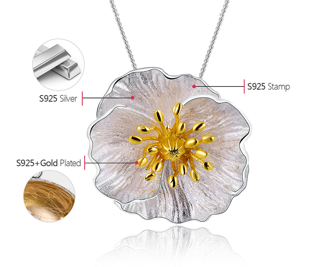 Wisiorek kwiat Lotus wykonany ręcznie z prawdziwej srebrnej biżuterii 925 Sterling Silver, pozłacany 18K złotem - Wianko - 13