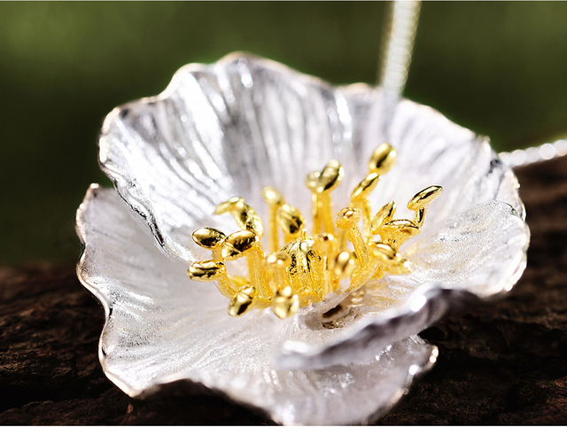 Wisiorek kwiat Lotus wykonany ręcznie z prawdziwej srebrnej biżuterii 925 Sterling Silver, pozłacany 18K złotem - Wianko - 7