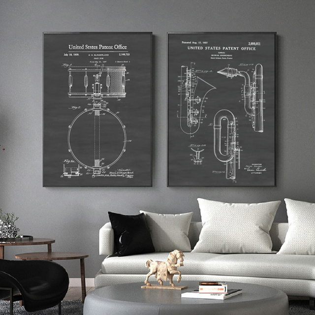 Czarno-biały plakat o stylu industrialnym i minimalistycznym z motywem instrumentów muzycznych do dekoracji domu - Wianko - 2