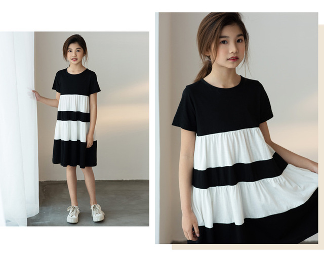Sukienka dla dziewczynki YourSeason w wieku 8-16 lat, patchwork, 100% bawełna, czarno-biała, krótki rękaw - Wianko - 4