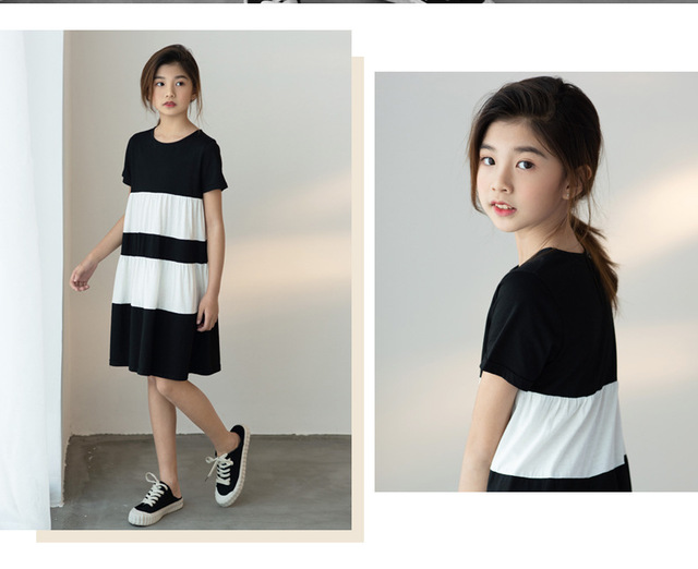 Sukienka dla dziewczynki YourSeason w wieku 8-16 lat, patchwork, 100% bawełna, czarno-biała, krótki rękaw - Wianko - 6