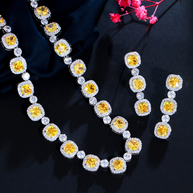 Naszyjnik ślubny - błyszczący kwadratowy żółty kamień z cyrkonii - luksusowy zestaw biżuterii ślubnej - Wianko - 6