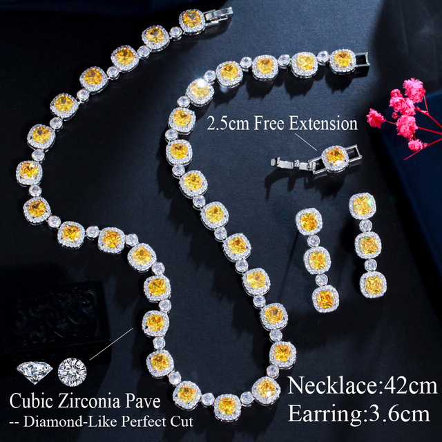 Naszyjnik ślubny - błyszczący kwadratowy żółty kamień z cyrkonii - luksusowy zestaw biżuterii ślubnej - Wianko - 7