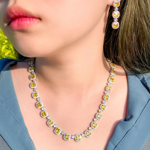 Naszyjnik ślubny - błyszczący kwadratowy żółty kamień z cyrkonii - luksusowy zestaw biżuterii ślubnej - Wianko - 1