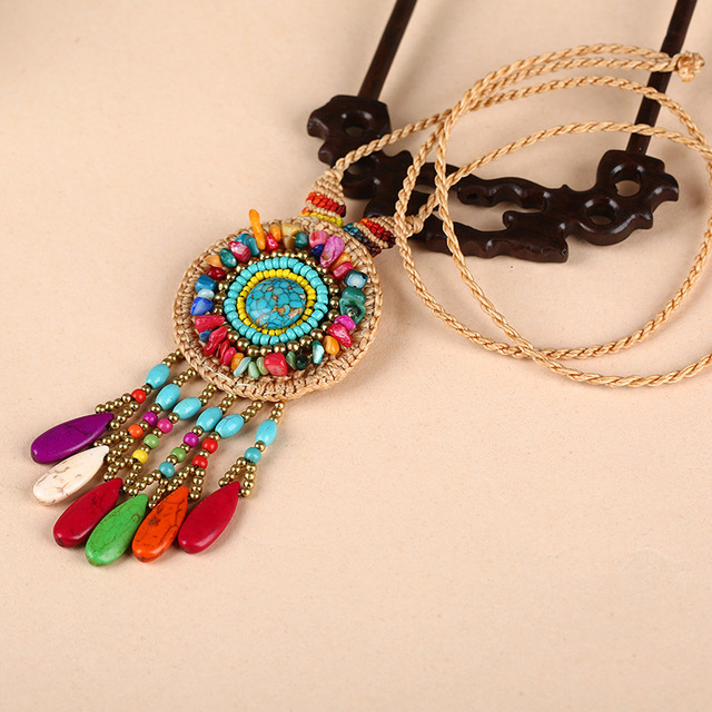 Naszyjnik z koralików w stylu boho z turkusowym kamieniem - biżuteria vintage na liny woskowane - XL005-28 - Wianko - 2