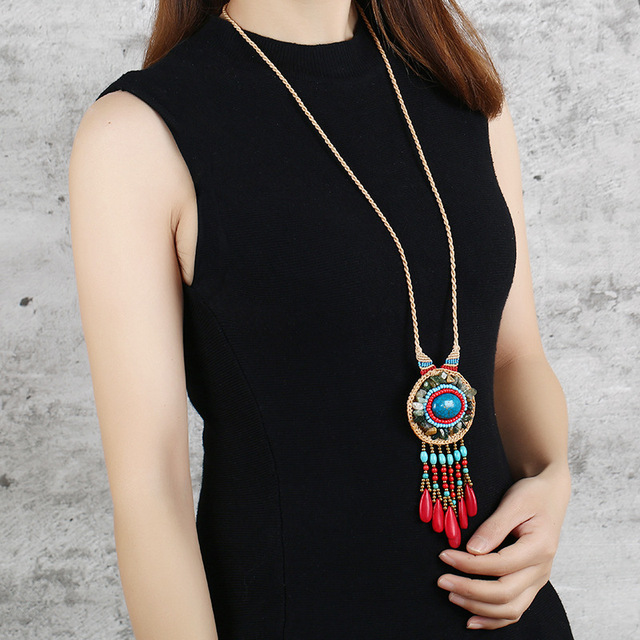 Naszyjnik z koralików w stylu boho z turkusowym kamieniem - biżuteria vintage na liny woskowane - XL005-28 - Wianko - 1