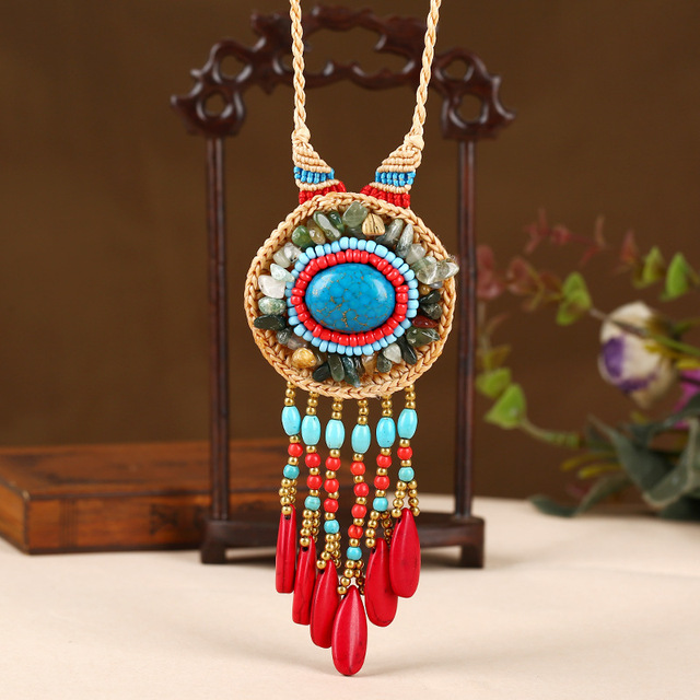 Naszyjnik z koralików w stylu boho z turkusowym kamieniem - biżuteria vintage na liny woskowane - XL005-28 - Wianko - 4