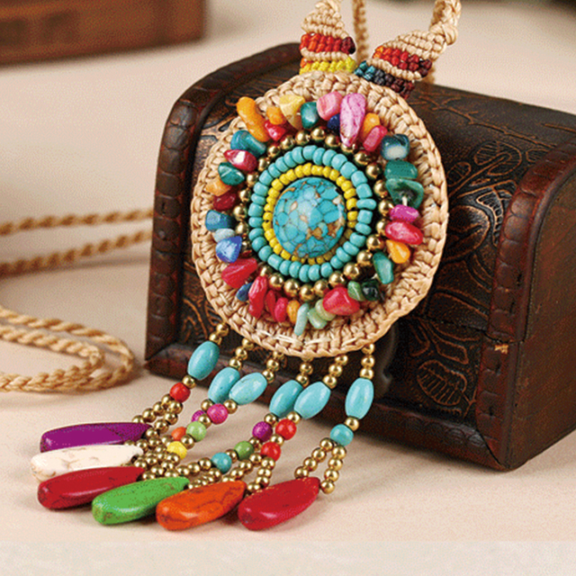 Naszyjnik z koralików w stylu boho z turkusowym kamieniem - biżuteria vintage na liny woskowane - XL005-28 - Wianko - 6