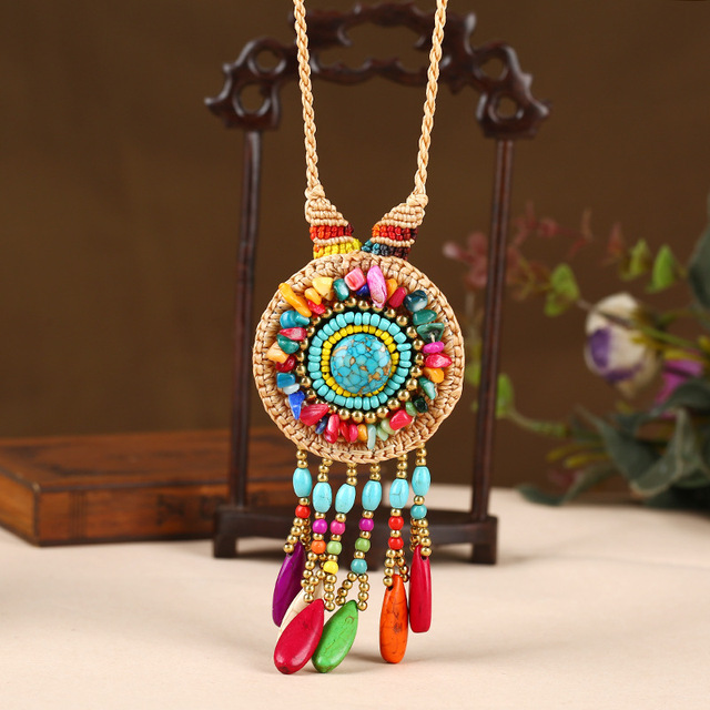 Naszyjnik z koralików w stylu boho z turkusowym kamieniem - biżuteria vintage na liny woskowane - XL005-28 - Wianko - 3