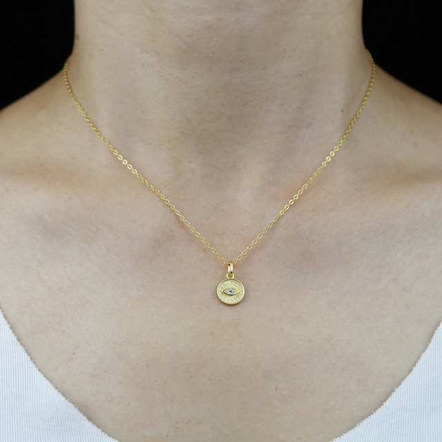 Naszyjnik charms z evil eye, w 100% srebrze 925, z wyczyść cz betonowym okrągłym wzorem na złotym łańcuchu - modna biżuteria dla kobiet - Wianko - 3