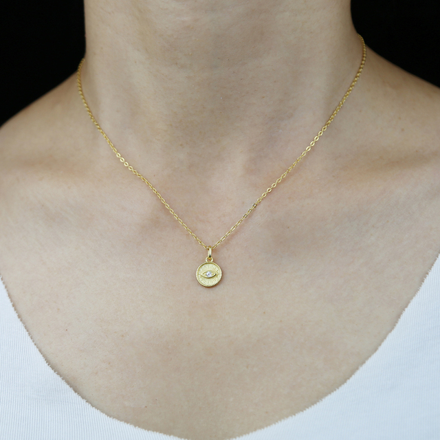 Naszyjnik charms z evil eye, w 100% srebrze 925, z wyczyść cz betonowym okrągłym wzorem na złotym łańcuchu - modna biżuteria dla kobiet - Wianko - 4