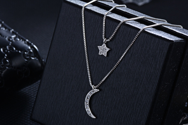 Dwurzędowy naszyjnik łańcuszkowy Moon Star 925 Sterling Silver z biżuterią cyrkonową dla kobiet - Wianko - 24