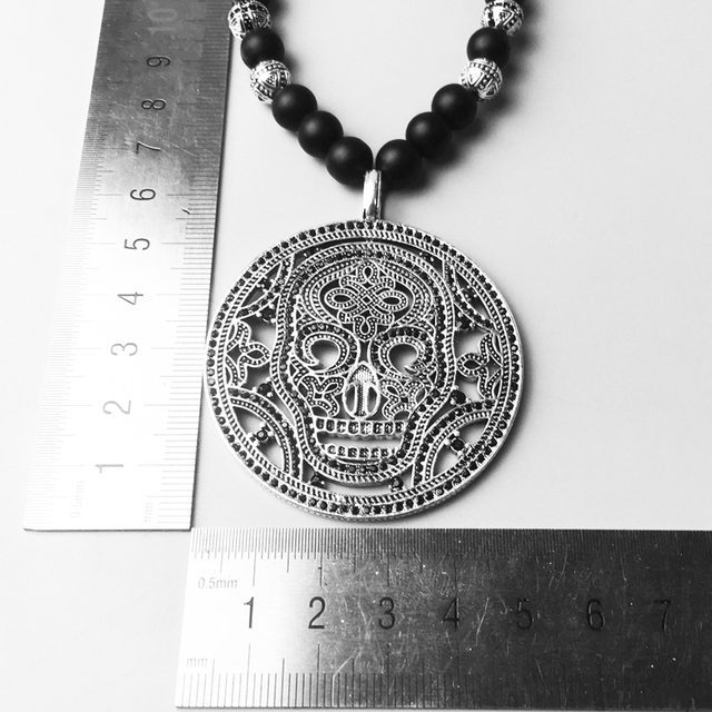 Długi naszyjnik obsydianowy z maską czaszki, biżuteria ze srebra pr. 925, dla mężczyzn i kobiet - Wianko - 11