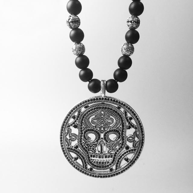 Długi naszyjnik obsydianowy z maską czaszki, biżuteria ze srebra pr. 925, dla mężczyzn i kobiet - Wianko - 15