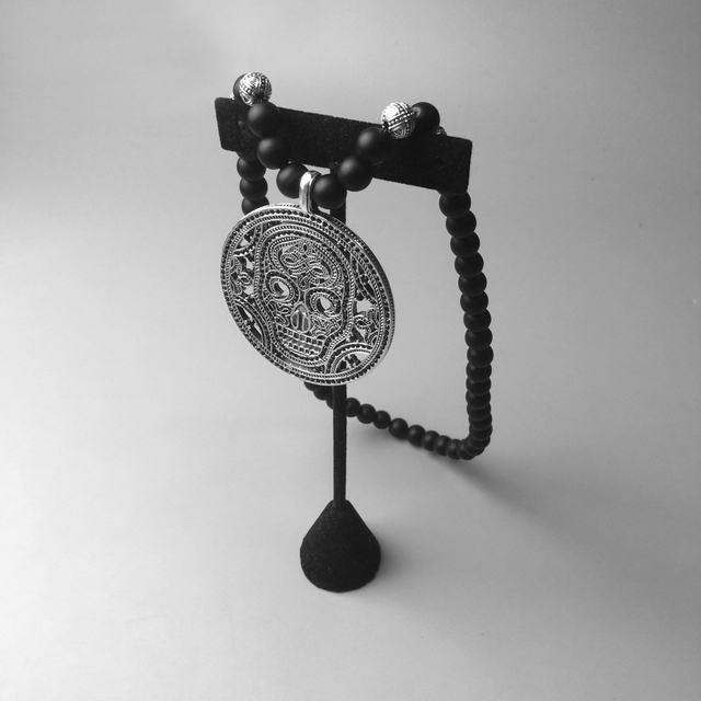 Długi naszyjnik obsydianowy z maską czaszki, biżuteria ze srebra pr. 925, dla mężczyzn i kobiet - Wianko - 14