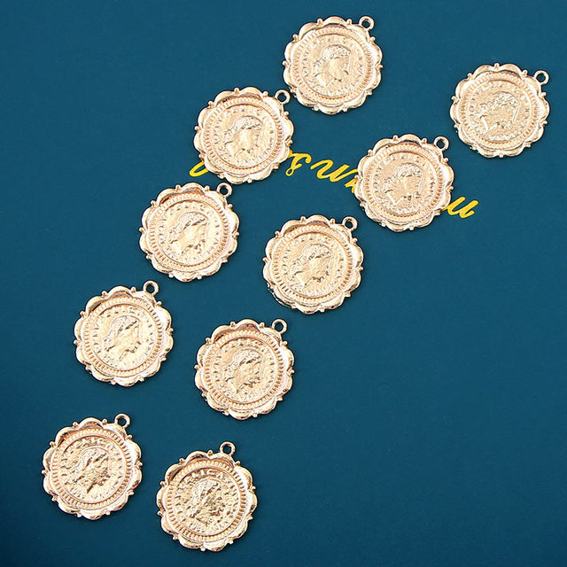 Partia 10 nieregularnych, okrągłych monet Charms złotego Roman portret wisiorki akcesoria do tworzenia biżuterii DIY - Wianko - 5