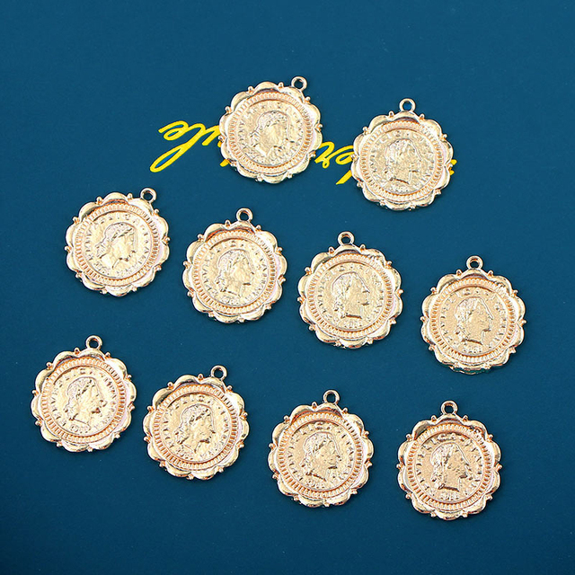 Partia 10 nieregularnych, okrągłych monet Charms złotego Roman portret wisiorki akcesoria do tworzenia biżuterii DIY - Wianko - 6