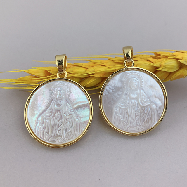 Naszyjnik Maryi Panny z okrągłym medalem zawieszką, naturalna masa perłowa - Wianko - 2
