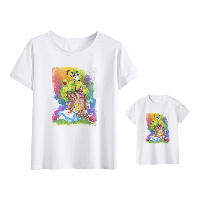 Koszulka dziecięca z nadrukiem kota z Alicją w Krainie Czarów - Pasująca rodzina Cheshire Cat Harajuku Unisex Tshirt - Wianko - 6