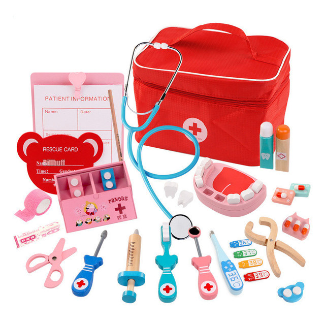 Gorące zabawki do zabawy w lekarza dla dzieci zestawy dla dzieci drewniane udawaj zestaw do zabawy gry dla dziewczynek chłopcy czerwony dentysta medyczny apteczka torby materiałowe - Wianko - 5