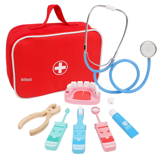 Gorące zabawki do zabawy w lekarza dla dzieci zestawy dla dzieci drewniane udawaj zestaw do zabawy gry dla dziewczynek chłopcy czerwony dentysta medyczny apteczka torby materiałowe - Wianko - 8