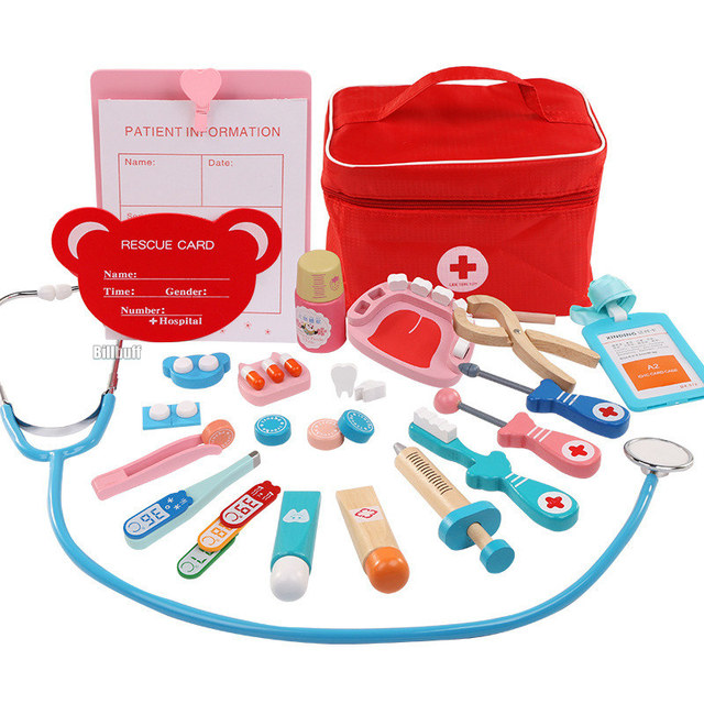 Gorące zabawki do zabawy w lekarza dla dzieci zestawy dla dzieci drewniane udawaj zestaw do zabawy gry dla dziewczynek chłopcy czerwony dentysta medyczny apteczka torby materiałowe - Wianko - 4