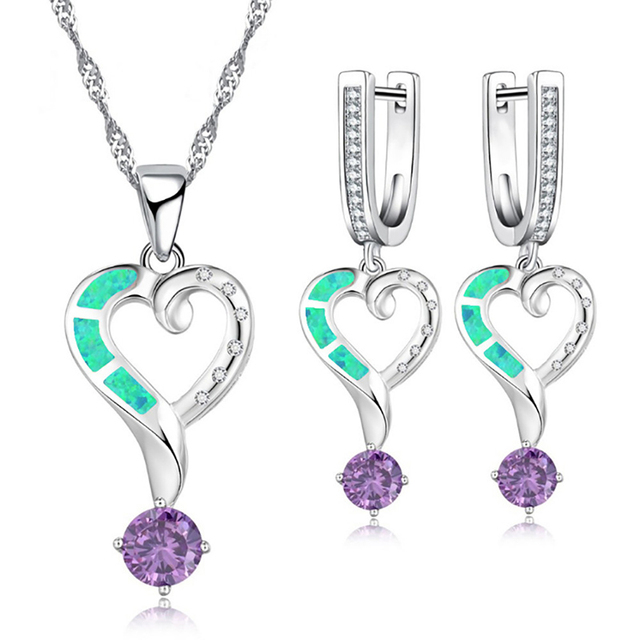 Zestaw biżuterii ślubnej FDLK 3A z cyrkoniami sześciennymi, w kształcie serca, z pazurem, w kolorze niebieskim - naszyjnik, kolczyki-obrączki, opal akcesoria-prezenty - Wianko - 5
