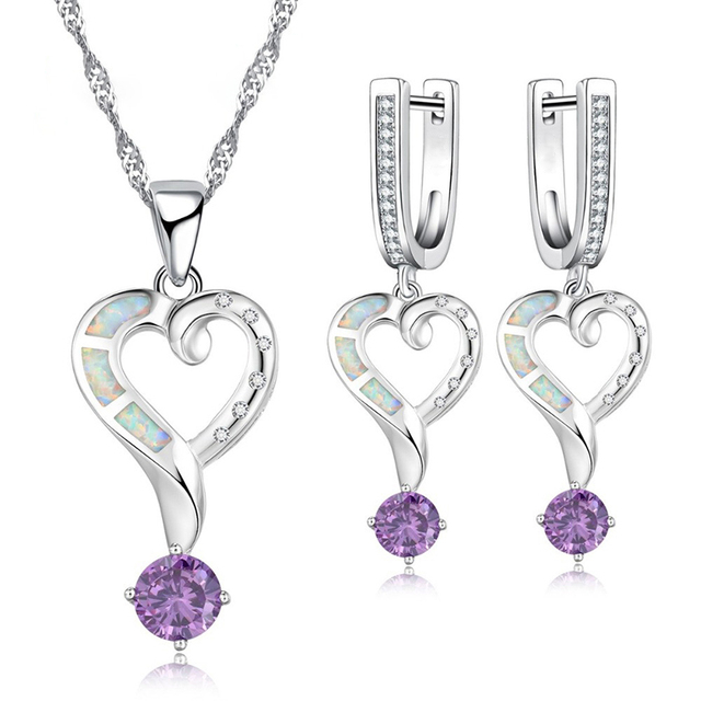 Zestaw biżuterii ślubnej FDLK 3A z cyrkoniami sześciennymi, w kształcie serca, z pazurem, w kolorze niebieskim - naszyjnik, kolczyki-obrączki, opal akcesoria-prezenty - Wianko - 2