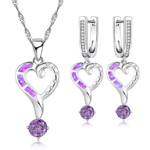 Zestaw biżuterii ślubnej FDLK 3A z cyrkoniami sześciennymi, w kształcie serca, z pazurem, w kolorze niebieskim - naszyjnik, kolczyki-obrączki, opal akcesoria-prezenty - Wianko - 4