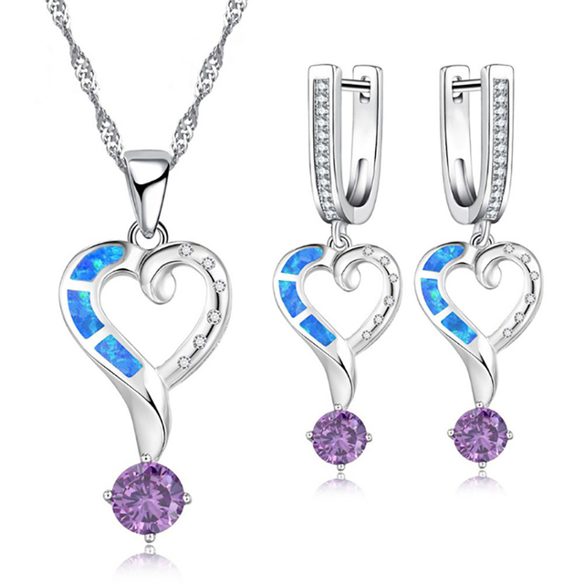Zestaw biżuterii ślubnej FDLK 3A z cyrkoniami sześciennymi, w kształcie serca, z pazurem, w kolorze niebieskim - naszyjnik, kolczyki-obrączki, opal akcesoria-prezenty - Wianko - 1