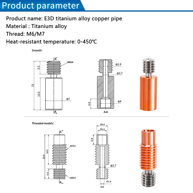 Rampa E3D wysokiej jakości V6 z przerwą cieplną dla E3D V6 Hotend M6/M7, gwint bi-metal, blok grzewczy 1.75mm - część drukarki 3D - Wianko - 1