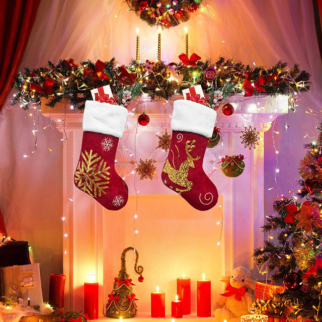Flanelowe haftowane świąteczne skarpety Ełk - prezent, torby cukierków, wisiorek, wystrój domu - Wianko - 7