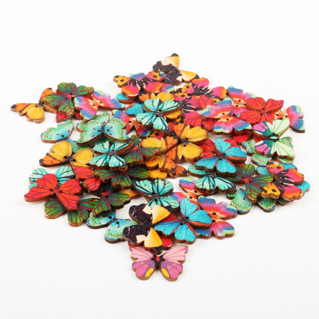 Mieszane kolorowe drewniane motyle guziki z kształtami 2 otwory - 30 sztuk - Wianko - 1