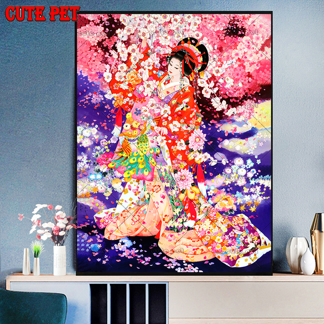 Drzewo wiśni Diamentowy Obraz 5D - Hafty japońskie kimono, pełne diamentowe kwadraciki, mozaika stras - Kobieta - Wianko - 11