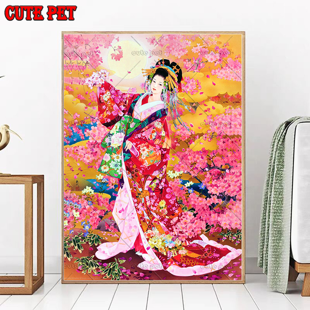 Drzewo wiśni Diamentowy Obraz 5D - Hafty japońskie kimono, pełne diamentowe kwadraciki, mozaika stras - Kobieta - Wianko - 9