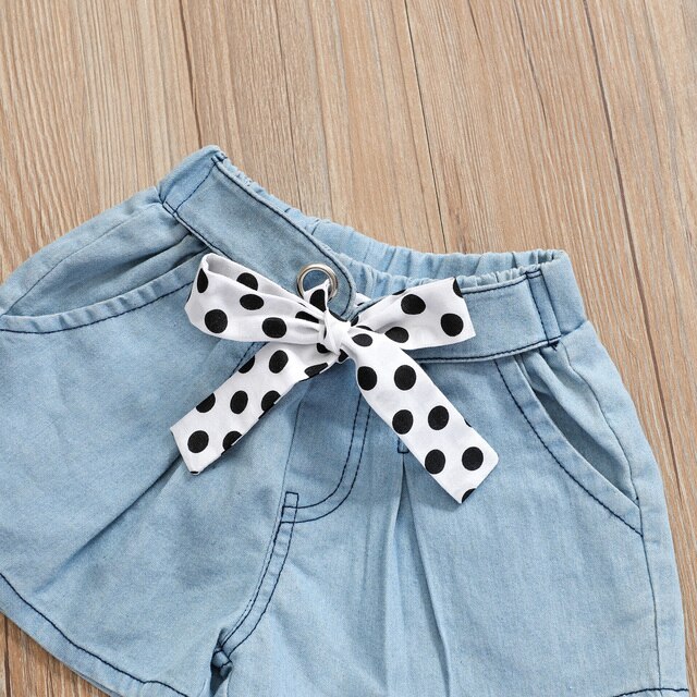 Zestaw ubrań dla dziewczynek w wieku 1-6 lat: bluzka z falbanami w kropki, jeansowe spodenki, stroje kokarowe DD43 - Wianko - 4