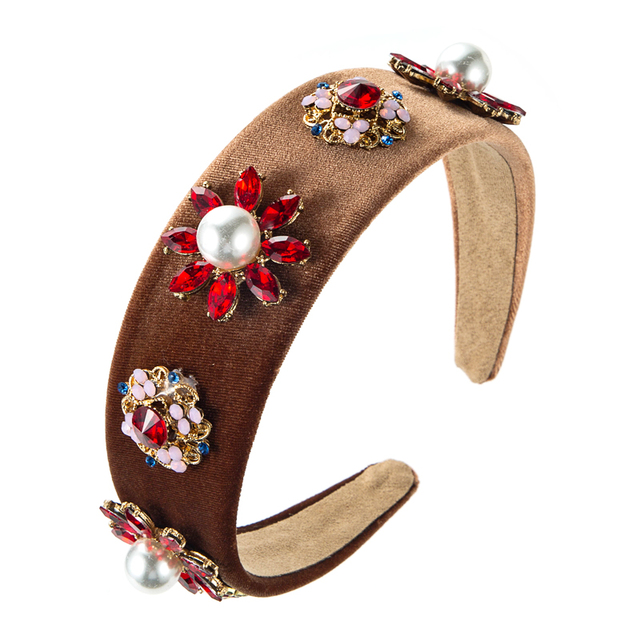 Rozświetlony Vintage barokowy kryształowy kwiatowy pałąk z dużą sztuczną perłą i aksamitnym wstążką dla dziewczynki na przyjęcie - Tiara z biżuterią do włosów - Wianko - 10