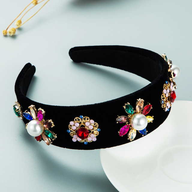 Rozświetlony Vintage barokowy kryształowy kwiatowy pałąk z dużą sztuczną perłą i aksamitnym wstążką dla dziewczynki na przyjęcie - Tiara z biżuterią do włosów - Wianko - 5