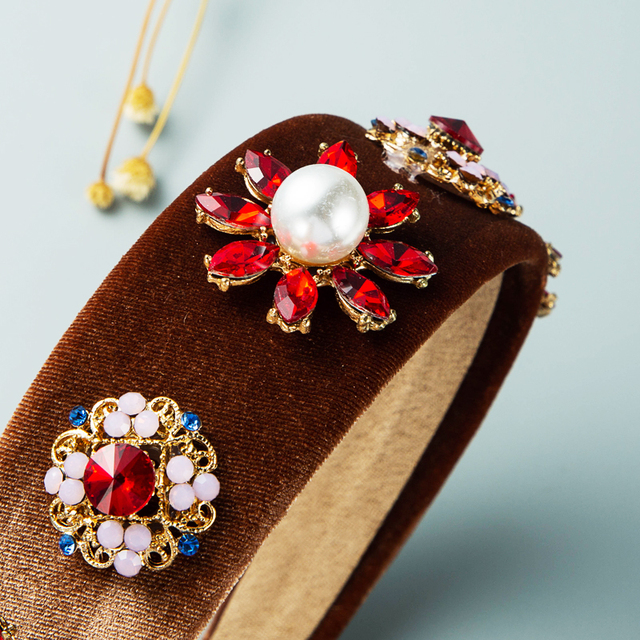 Rozświetlony Vintage barokowy kryształowy kwiatowy pałąk z dużą sztuczną perłą i aksamitnym wstążką dla dziewczynki na przyjęcie - Tiara z biżuterią do włosów - Wianko - 8