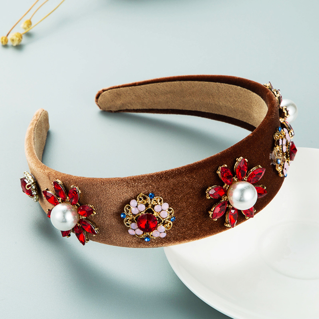 Rozświetlony Vintage barokowy kryształowy kwiatowy pałąk z dużą sztuczną perłą i aksamitnym wstążką dla dziewczynki na przyjęcie - Tiara z biżuterią do włosów - Wianko - 7
