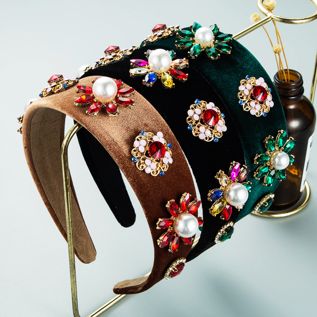 Rozświetlony Vintage barokowy kryształowy kwiatowy pałąk z dużą sztuczną perłą i aksamitnym wstążką dla dziewczynki na przyjęcie - Tiara z biżuterią do włosów - Wianko - 4