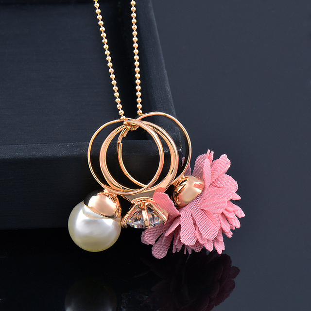 Naszyjnik z wisiorkiem z różowymi kwiatami, liśćmi i perłą, w kształcie okrągłego kwadratu - Wianko - 12