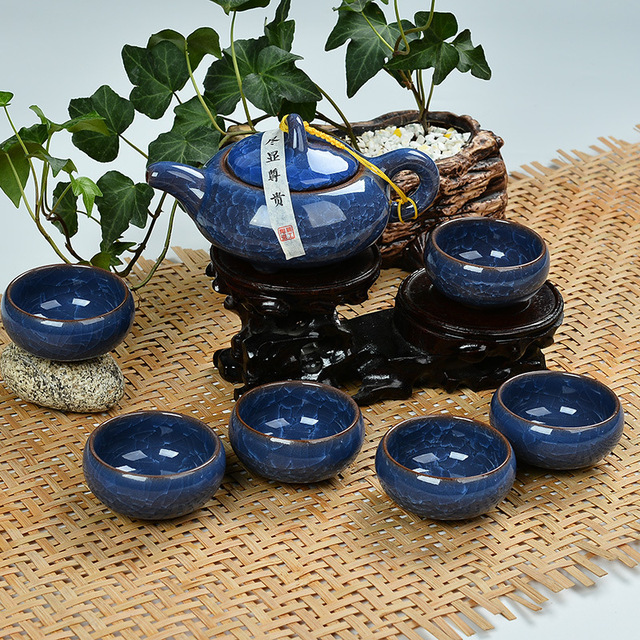 Zestaw do herbaty Kung Fu Teaware - porcelanowa ceramiczna filiżanka z 6 dzbankami i kubkiem, glina purpurowa, lód pęknięta glazura - Wianko - 4